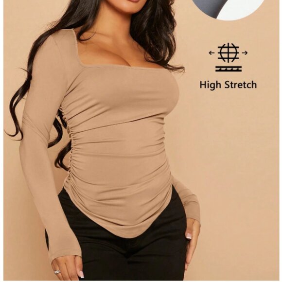 Square Neck Ruched Tee Long Sleeves - Picture 1 of 2